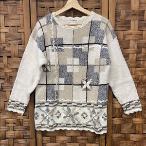 Vintage Climax Ramie Cozy Geometric Sweater with Floral Accents Sz L
